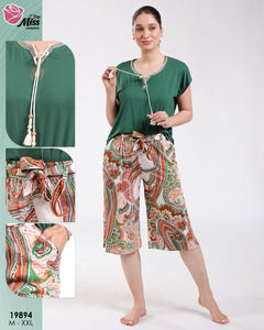 Pyjama Femme Été – Haut Vert & Pantalon Fluide Imprimé 🌿🧡