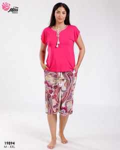 Pyjama Femme Été – Haut Rose Fuchsia &amp; Pantalon Fluide Imprimé 💖🌸