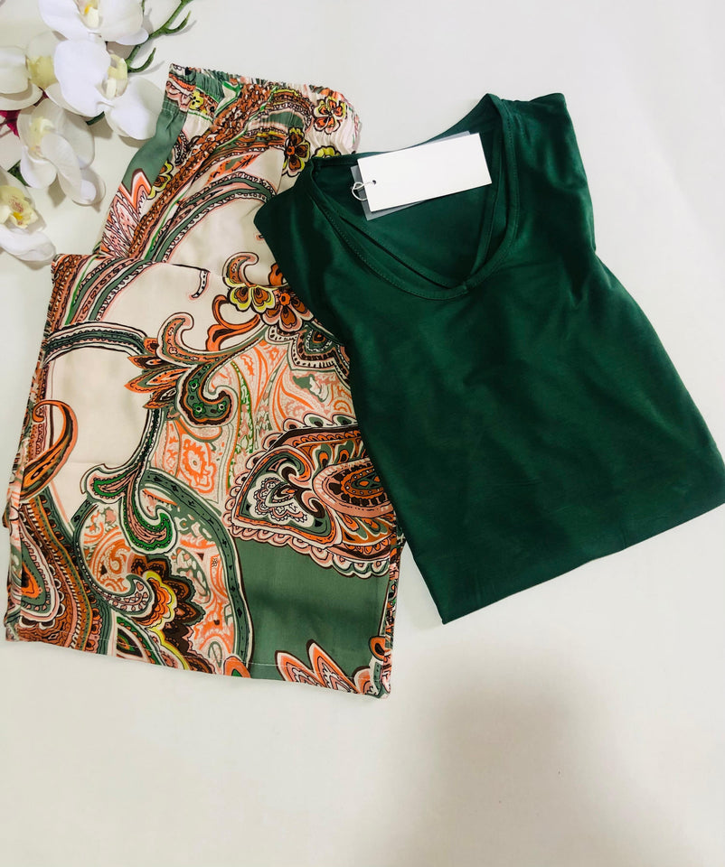 Pyjama Femme Demi Manche &amp; Pantalon Large – Fraîcheur en Vert 💚