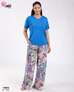 Pyjama Femme Demi Manche &amp; Pantalon Large – Élégance en Bleu 💙