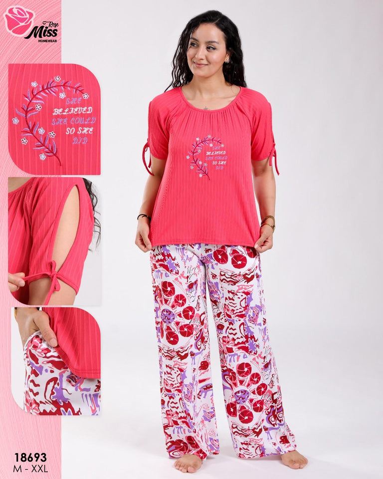 Pyjama Femme – Haut Fuchsia Pantalon Imprimé Fluide 🌺