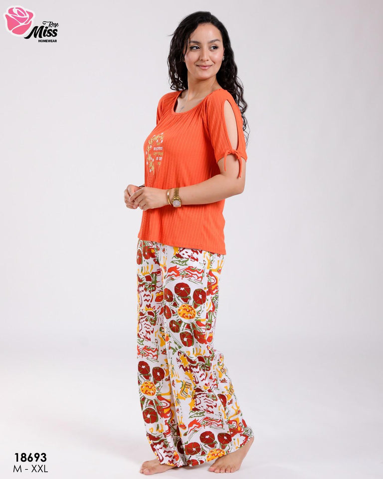 Pyjama Femme – Haut Orange Pantalon Imprimé Rayon 🍊