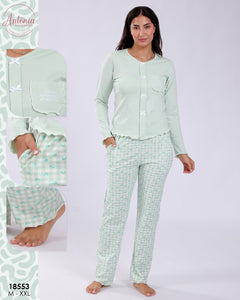 🌿 Pyjama Femme 2 Pièces en Coton – Vert d’Eau à Carreaux 🌿
