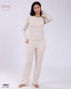 🤎 Pyjama Femme 2 Pièces en Coton – Beige Élégant 🤎