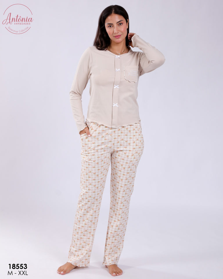 🤎 Pyjama Femme 2 Pièces en Coton – Beige Élégant 🤎