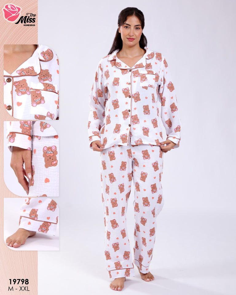 🐻 Pyjama Femme 2 Pièces en Coton – Motif Ourson 🤍✨