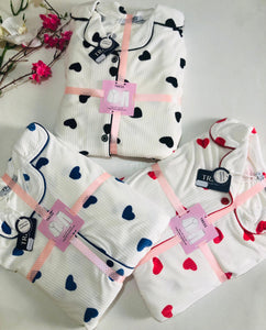 💙 Pyjama Femme en Velours Doux à Cœurs Bleus 💙