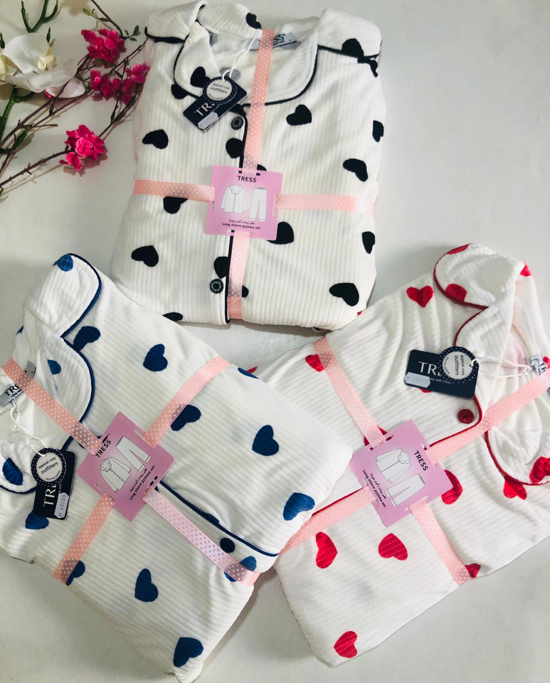 💙 Pyjama Femme en Velours Doux à Cœurs Bleus 💙