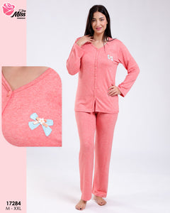 🌸 Pyjama Femme en Coton Doux – Rose Corail avec Nœud Décoratif 🌸 (Copie)