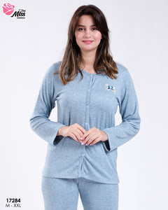 💙 Pyjama Femme en Coton Doux – Bleu Ciel avec Nœud Décoratif 💙