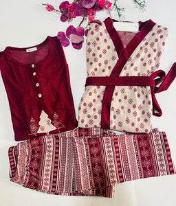 Pyjama Femme 3 Pièces Bordeaux & Beige – Chaleur et Élégance d’Hiver ❄️