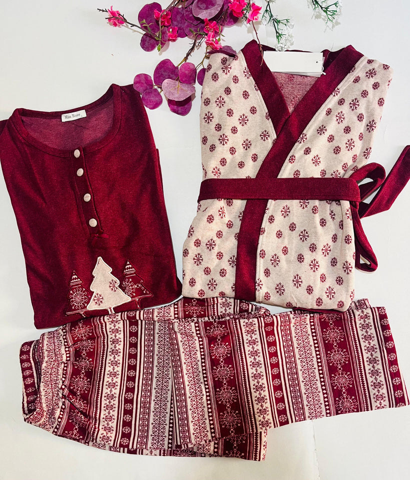 Pyjama Femme 3 Pièces Bordeaux & Beige – Chaleur et Élégance d’Hiver ❄️
