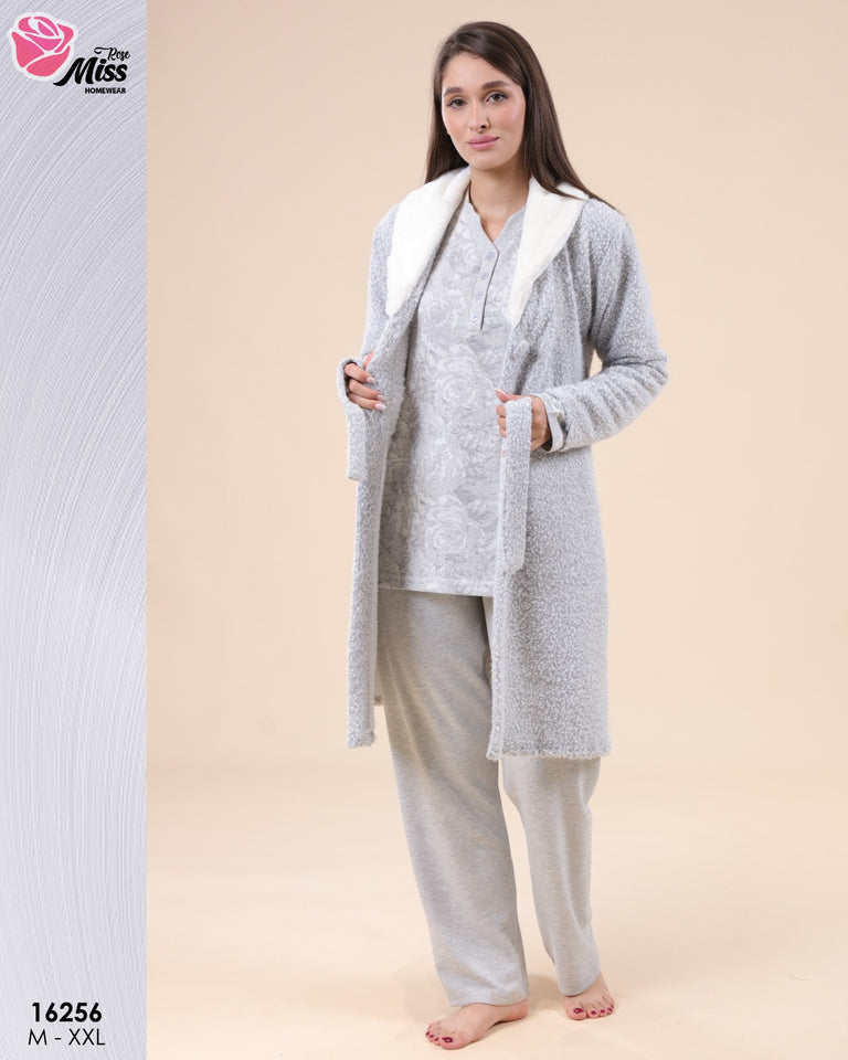 🩶 Pyjama Femme 3 Pièces – Hiver Doux & Élégant (Coloris Gris)