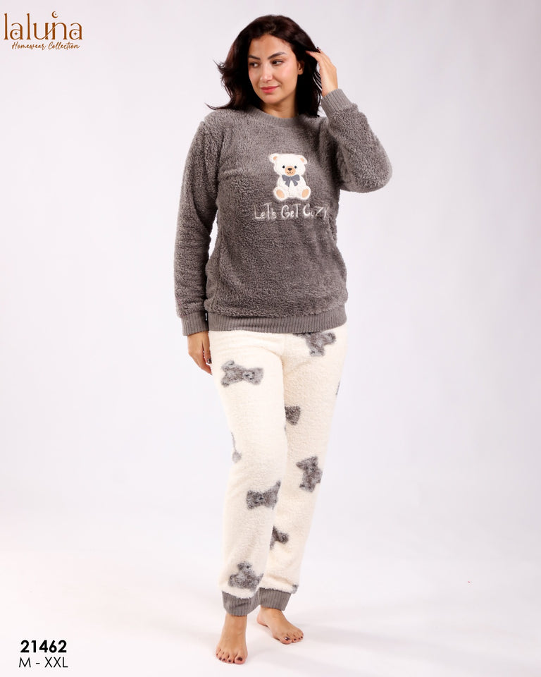 🐻 Pyjama Femme en Polaire – Gris Doux & Cocooning ❄️