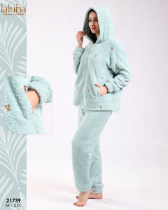 🌿 Pyjama Femme en Polaire – Vert d’Eau | Douceur & Élégance ❄️