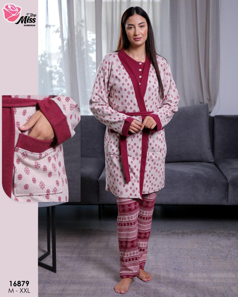 Pyjama Femme 3 Pièces Bordeaux & Beige – Chaleur et Élégance d’Hiver ❄️