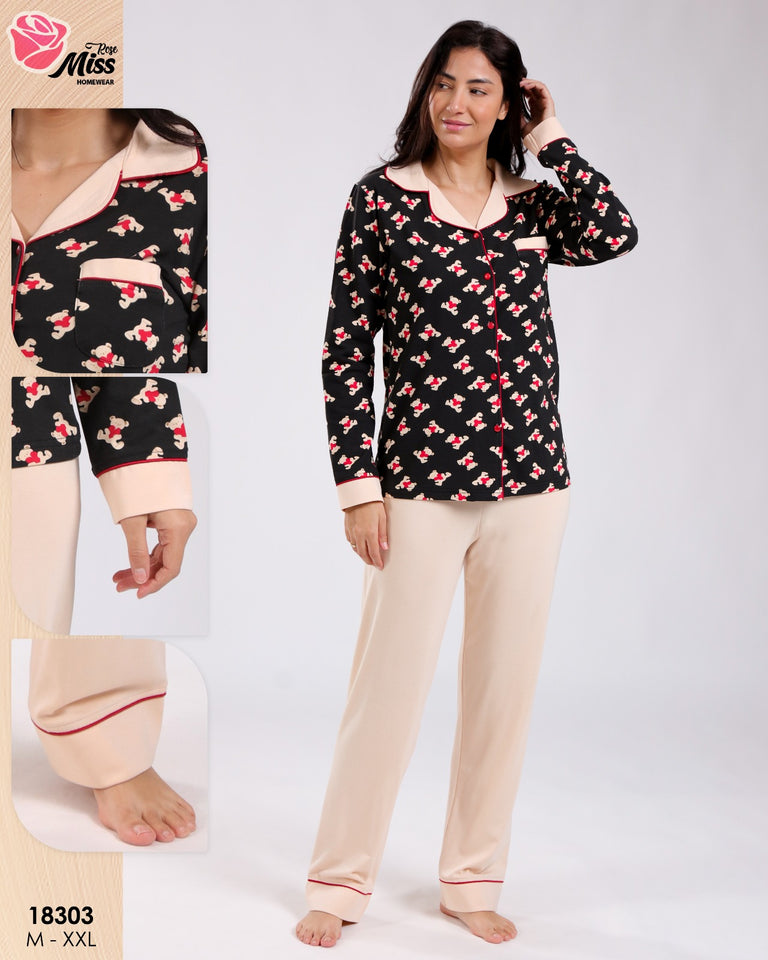 🖤 Pyjama Femme 2 Pièces en Coton – Élégance Noire & Beige 🤍