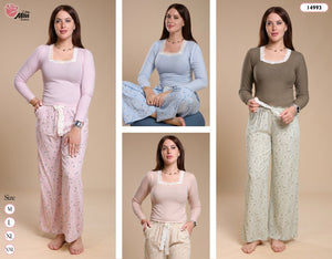 Pyjama Femme Confort et Élégance – Ensemble Haut en Côtes & Pantalon Large Fleuri