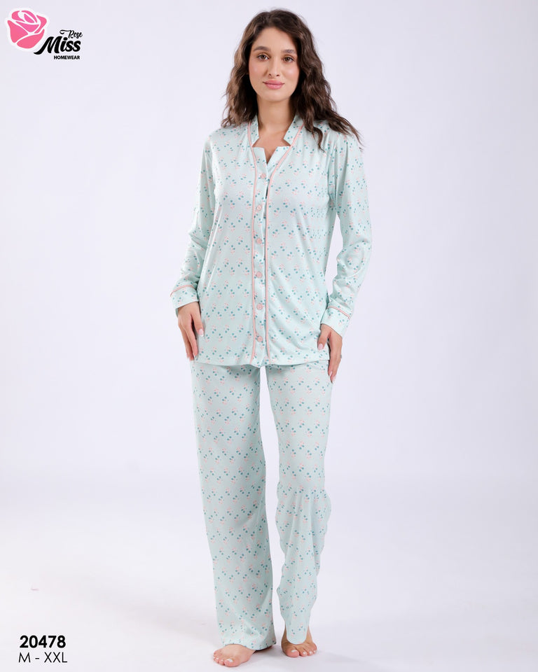 Pyjama Femme Vert d’Eau Imprimé – Fraîcheur & Confort Absolu 🌸