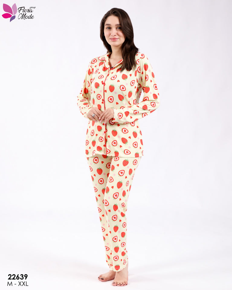 💚 Pyjama Femme Vert Imprimé Fraises & Cœurs – Confort et Fraîcheur