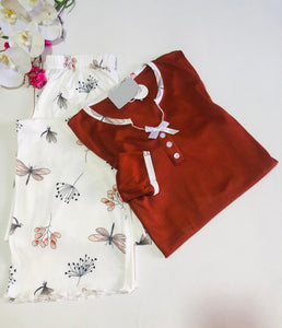 Pyjama Femme Floral – Haut Brique & Pantalon Imprimé
